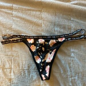 Victoria’s Secret Pink Floral Black Double Strap Thong Size L